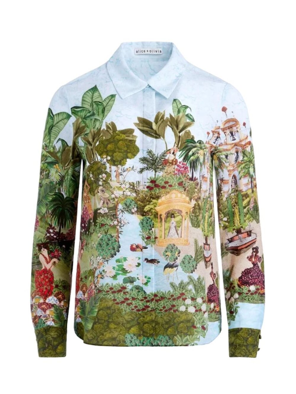 Alice + Olivia Willa Silk Blouse Couture Palace Scenic Garden Green L